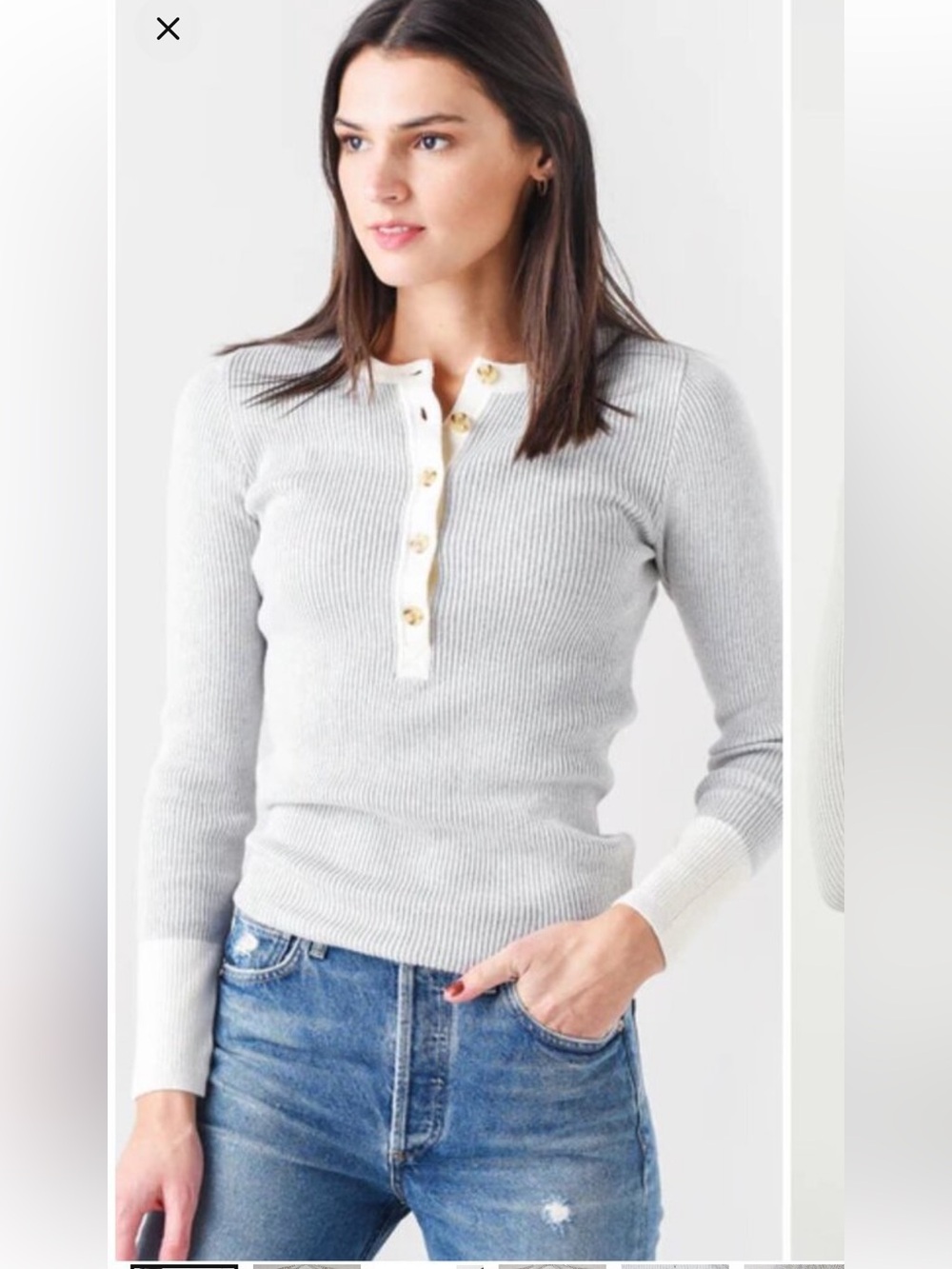 Faherty Light Gray Ribbed Henley with Cream Trim - Picture 5 of 6